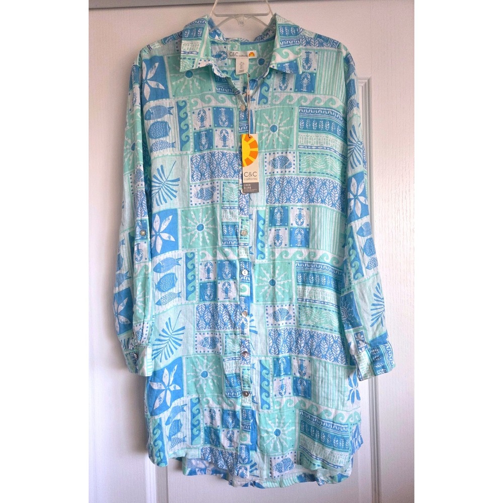 C&C California Linen Blend Coastal Patchwork Button Down Dress Tunic Coverup NWT